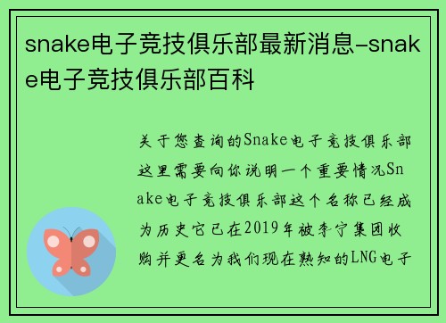 snake电子竞技俱乐部最新消息-snake电子竞技俱乐部百科
