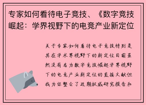 专家如何看待电子竞技、《数字竞技崛起：学界视野下的电竞产业新定位新定位》